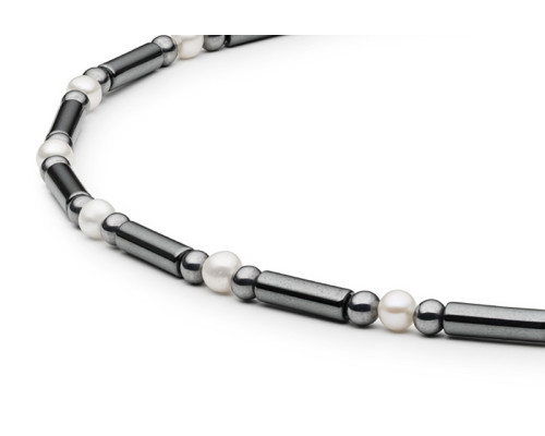 Semi-precious necklace: terahertz, hematite, pearl — rhodium plated silver 925
