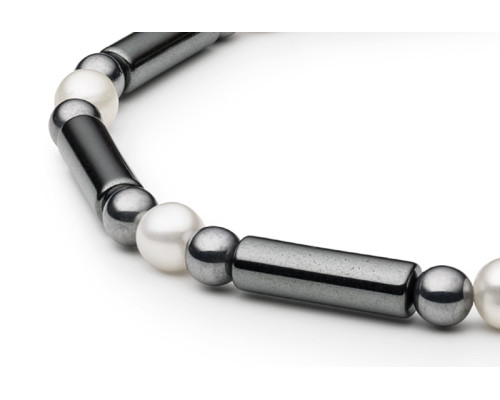 Semi-precious stones bracelet: terahertz, hematite, pearl — rhodium plated silver 925