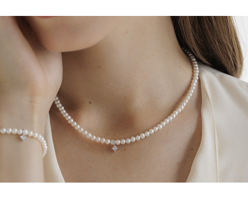 Pearl necklace: freshwater, white, round, 4-4.5 мм — rhodium plated silver 925