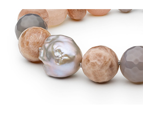 Semi-precious stones bracelet: nephrite, moonstone, kasumi like pearl — rhodium plated silver 925