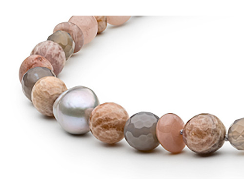 Semi-precious necklace: nephrite, moonstone, kasumi like pearl — rhodium plated silver 925