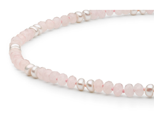 Semi-precious necklace: розовый quartz, pearl — rhodium plated silver 925