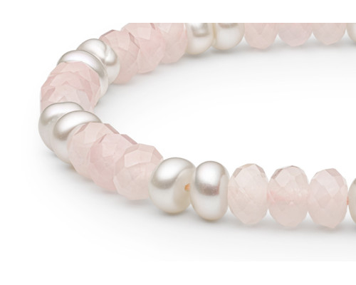 Semi-precious stones bracelet: розовый quartz, pearl — rhodium plated silver 925