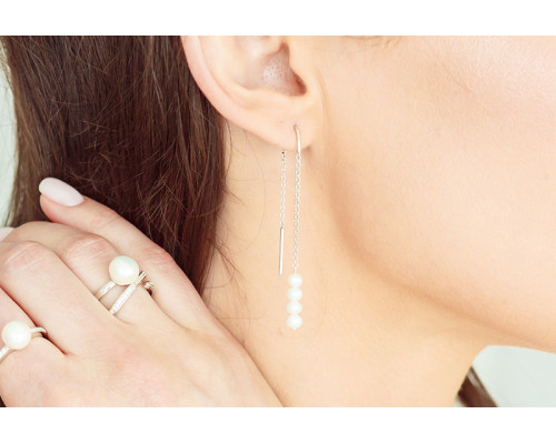 Naušnice s nitom sa biserom: slatkovodno, bijela, 4.0-4.5 мм — rodinirano srebro 925