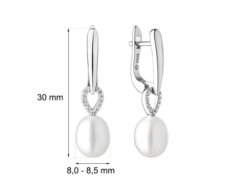 Naušnice s kvakom sa biserom: slatkovodno, bijela, 8.0-8.5 мм — rodinirano srebro 925