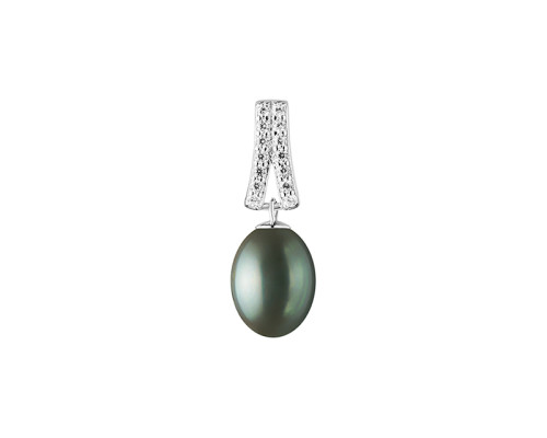 Pendant without chain with pearls: freshwater, black, 9.0-9.5 мм — rhodium plated silver 925