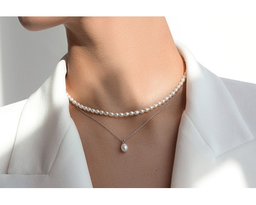 Perlenkette: Süßwasser, weiß, Reisform, 4.0-4.5 мм — rhodiniertes Silber 925