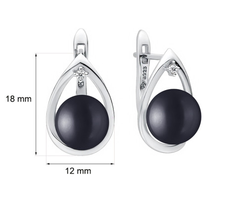Stud earrings with pearls: freshwater, black, 9.0-9.5 мм — rhodium plated silver 925