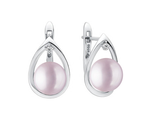 Latch back earrings with pearls: freshwater, lavender, 9.0-9.5 мм — rhodium plated silver 925
