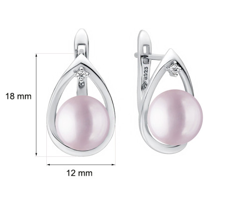Latch back earrings with pearls: freshwater, lavender, 9.0-9.5 мм — rhodium plated silver 925