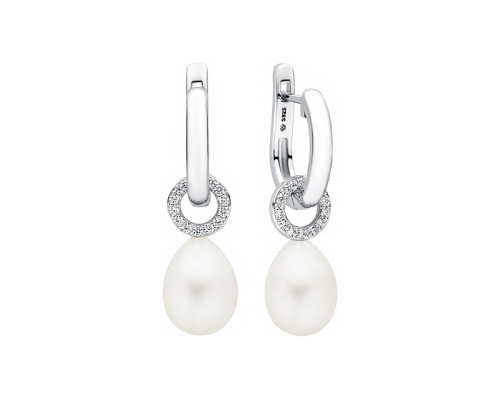 Stud earrings with pearls: freshwater, white, 8.5-9.0 мм — rhodium plated silver 925