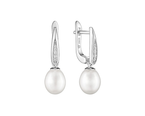 Latch back earrings with pearls: white, 8.0-8.5 мм — rhodium plated silver 925