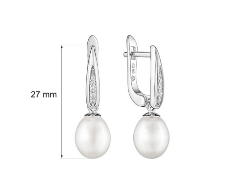 Latch back earrings with pearls: white, 8.0-8.5 мм — rhodium plated silver 925