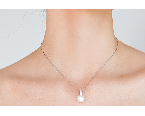 Pendant without chain with pearls: freshwater, white, 10.0-10.5 мм — rhodium plated silver 925