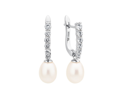 Ohrringe mit englischem Verschluss mit Perlen: weiß, 8.0-8.5 мм — rhodiniertes Silber 925