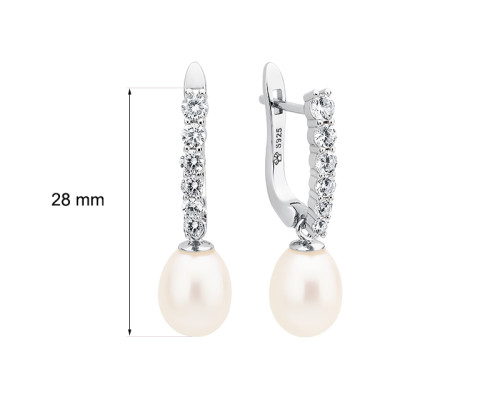 Ohrringe mit englischem Verschluss mit Perlen: weiß, 8.0-8.5 мм — rhodiniertes Silber 925