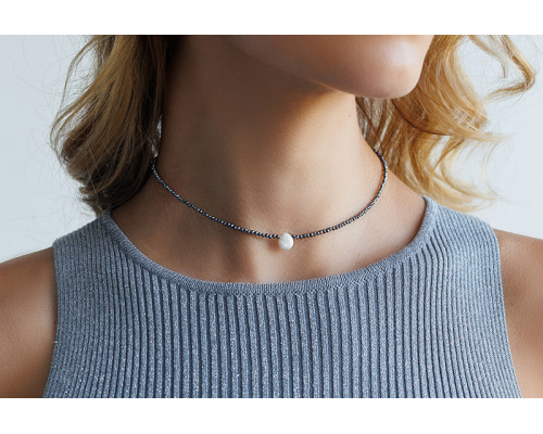 Ogrlica od poludragog kamenja: slatkovodni biser, terahercnih — rodinirano srebro 925