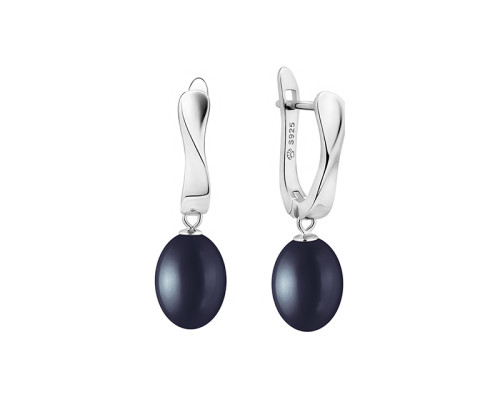 Latch back earrings with pearls: freshwater, black, 8.5-9.0 мм — rhodium plated silver 925