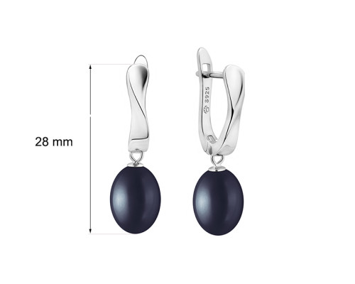 Latch back earrings with pearls: freshwater, black, 8.5-9.0 мм — rhodium plated silver 925