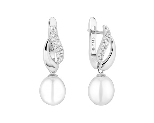 Latch back earrings with pearls: freshwater, white, 8.0-8.5 мм — rhodium plated silver 925