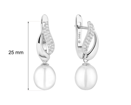 Latch back earrings with pearls: freshwater, white, 8.0-8.5 мм — rhodium plated silver 925