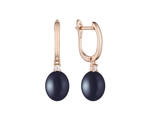 Latch back earrings with pearls: freshwater, black, 8.0-8.5 мм — 14K rose gold