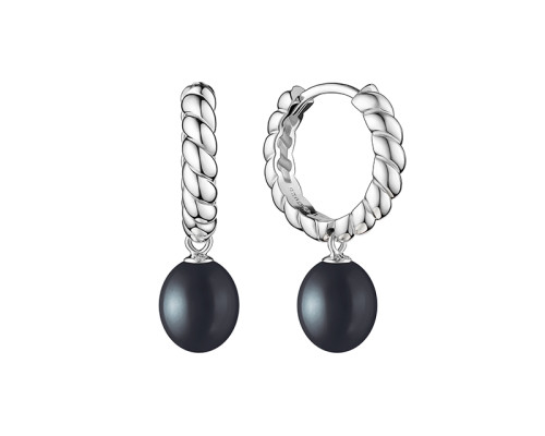 Latch back earrings with pearls: freshwater, black, 8.0-8.5 мм — rhodium plated silver 925