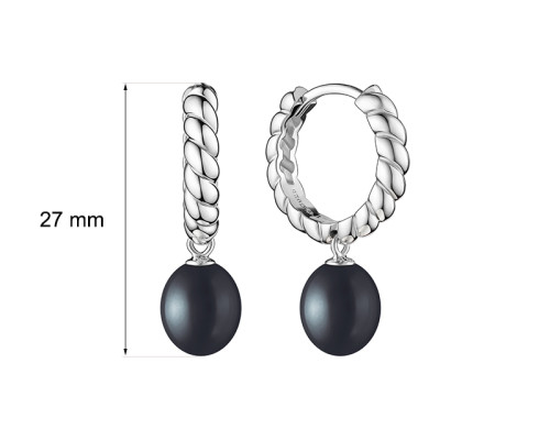Latch back earrings with pearls: freshwater, black, 8.0-8.5 мм — rhodium plated silver 925