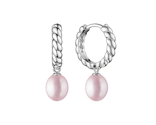 Latch back earrings with pearls: freshwater, lavender, 8.0-8.5 мм — rhodium plated silver 925