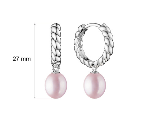 Latch back earrings with pearls: freshwater, lavender, 8.0-8.5 мм — rhodium plated silver 925