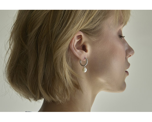 Latch back earrings with pearls: freshwater, lavender, 8.0-8.5 мм — rhodium plated silver 925