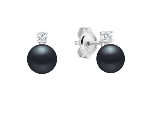 Stud earrings with pearls: freshwater, black, round, 6.0-6.5 мм — rhodium plated silver 925