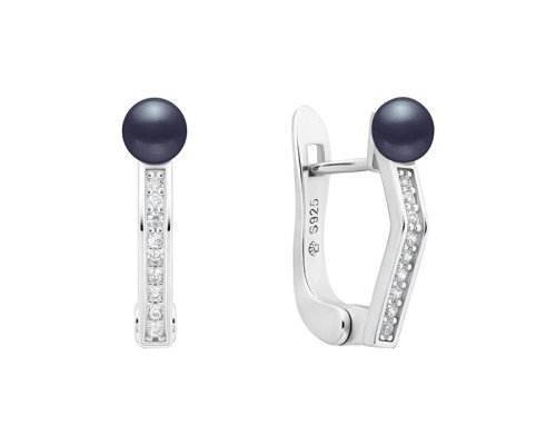 Latch back earrings with pearls: freshwater, black, 4.0-4.5 мм — rhodium plated silver 925