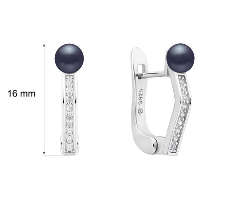 Latch back earrings with pearls: freshwater, black, 4.0-4.5 мм — rhodium plated silver 925
