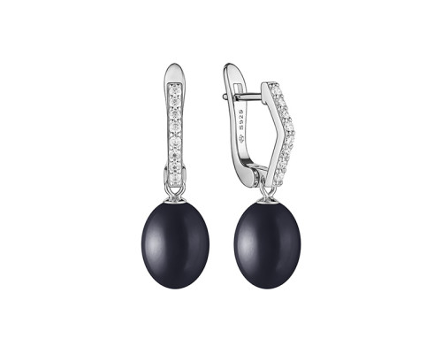 Latch back earrings with pearls: freshwater, black, 8.5-9.0 мм — rhodium plated silver 925