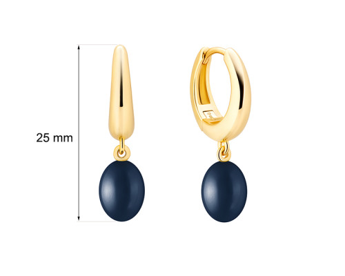 Latch back earrings with pearls: freshwater, black, rice, 7.0-7.5 мм — 14K yellow plated 925 sterling silver