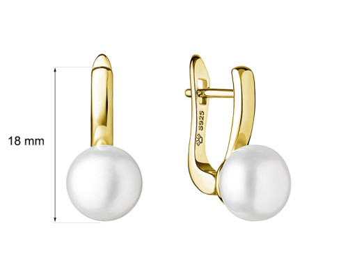 Naušnice s kvakom sa biserom: slatkovodno, bijela, polukrugli, 8.5-9.0 мм — 14K žuto pozlaćeno 925 sterling srebro