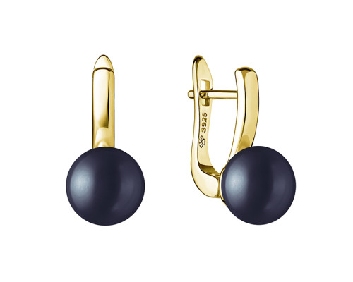 Naušnice s kvakom sa biserom: slatkovodno, crna, polukrugli, 8.5-9.0 мм — 14K žuto pozlaćeno 925 sterling srebro