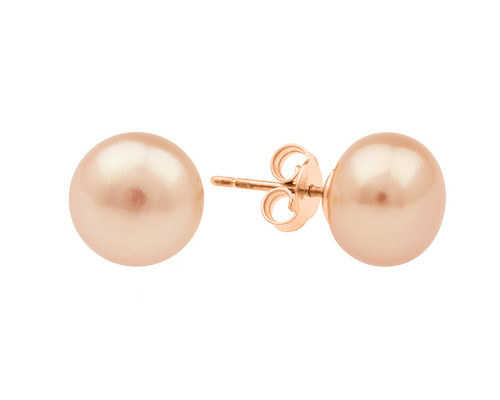 Stud earrings with pearls: freshwater, pink, 9.5-10.0 мм — 14K rose gold