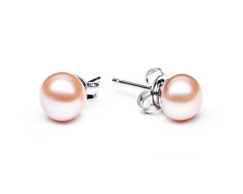 Stud earrings with pearls: freshwater, pink, 6.5-7.0 мм — rhodium plated silver 925