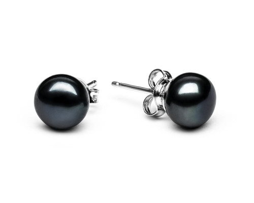 Stud earrings with pearls: freshwater, black, 7.5-8.0 мм — rhodium plated silver 925
