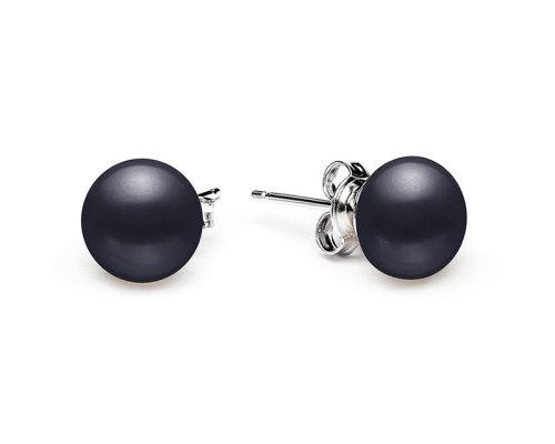 Stud earrings with pearls: freshwater, black, 8.5-9.0 мм — rhodium plated silver 925