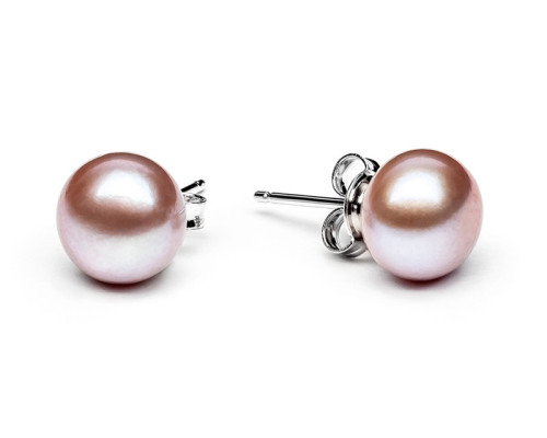 Stud earrings with pearls: freshwater, lavender, 8.5-9.0 мм — rhodium plated silver 925