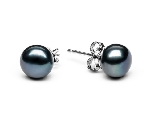 Stud earrings with pearls: freshwater, black, 8.5-9.0 мм — rhodium plated silver 925