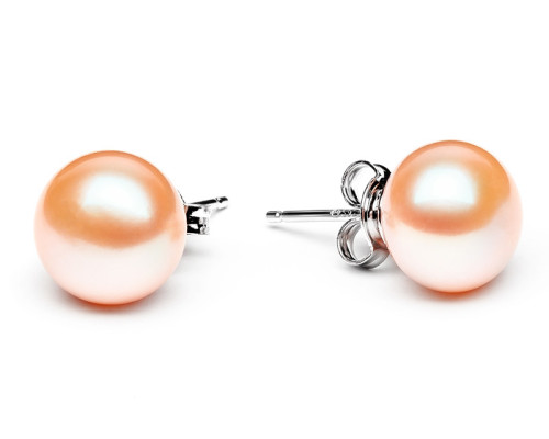 Stud earrings with pearls: freshwater, pink, 9.5-10.0 мм — rhodium plated silver 925