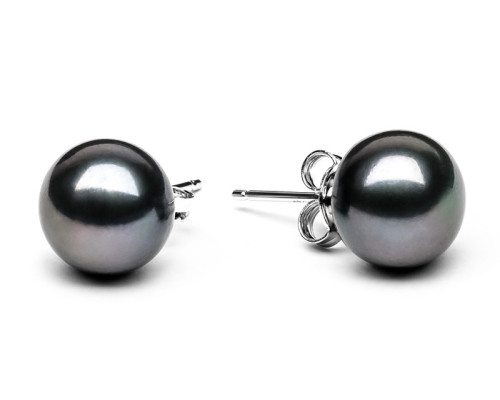 Stud earrings with pearls: freshwater, black, 9.5-10.0 мм — rhodium plated silver 925