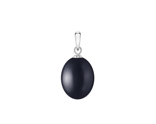 Pendant without chain with pearls: freshwater, black, rice, 9.0-10.0 мм — rhodium plated silver 925
