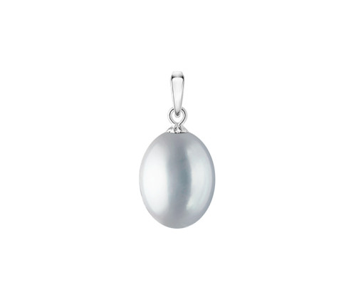 Pendant without chain with pearls: freshwater, gray, rice, 9.0-10.0 мм — rhodium plated silver 925