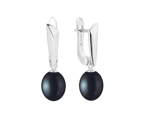 Latch back earrings with pearls: freshwater, black, rice, 8.0-8.5 мм — rhodium plated silver 925