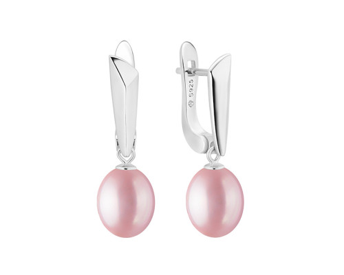 Latch back earrings with pearls: freshwater, lavender, rice, 8.0-8.5 мм — rhodium plated silver 925